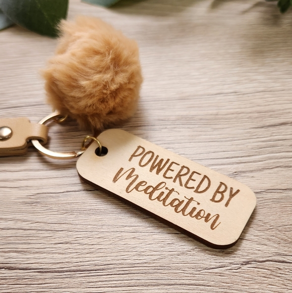 POWERED BY MEDITATION Laser Engraved Charm with Keychain Wristlet & Puff - Picture 5 of 8